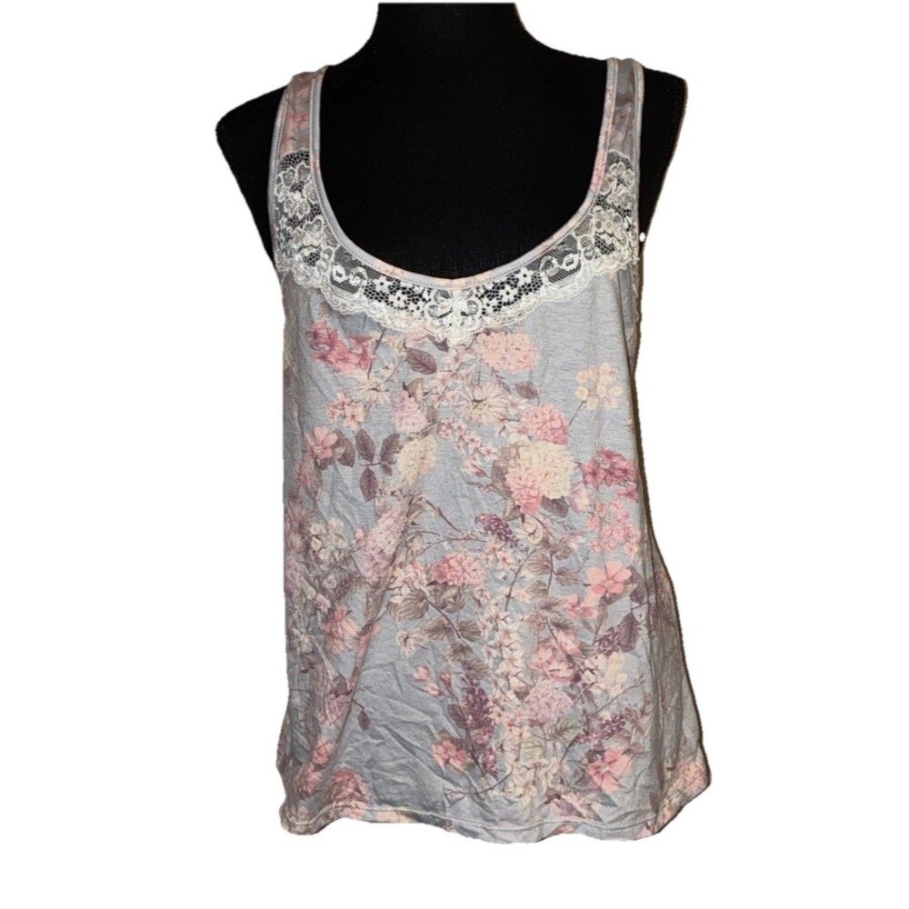 Flora Nikrooz Sleepwear Lace Trim Neckline Medium Floral Sleeveless Pajama Top